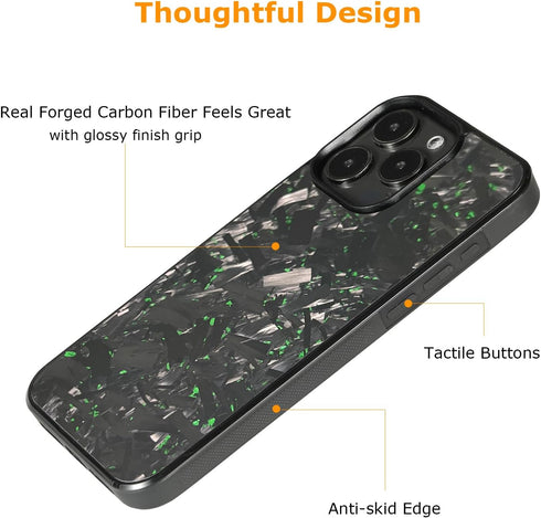 molzar Grip Series Case for iPhone 15 Pro Max with Real Forged Carbon Fiber, Glossy Black/Green