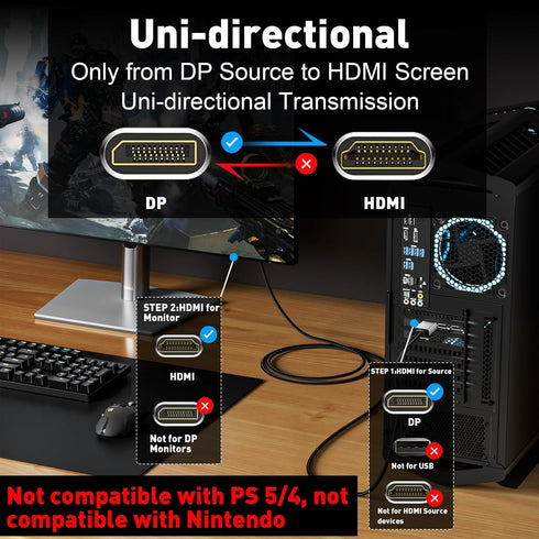 4K 6Ft, 1.2 1.4 4K@30Hz, 2K@60Hz, UANTIN DisplayPort to HDMI Cable Uni-Directional Only, DP (Source) to HDMI (Display)