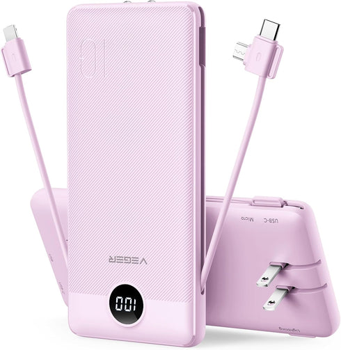 VEGER Portable Charger 10000mAh for iPhone, Built-in Cables and Wall Plug, Slim Fast Charging Power Bank - Purple