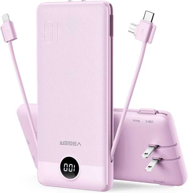 VEGER Portable Charger 10000mAh for iPhone, Built-in Cables and Wall Plug, Slim Fast Charging Power Bank - Purple