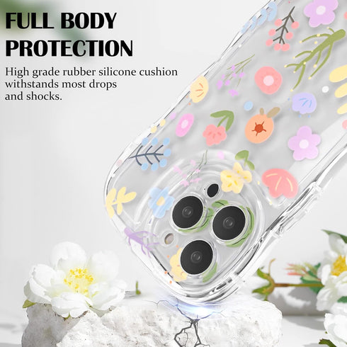 Cute Colorful Flower Curly Wave Clear Case for iPhone 14 Pro Max with Lovely Flower Bracelet Chain