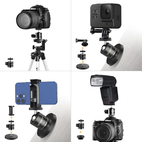 UTEBIT Magnetic Camera Mount Base Stand Kit 66mm, Magnet Tripod with 1/4 Screw Mini Ball Head, GoPro Adapter, Phone