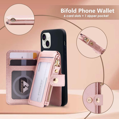 M-Plateau Foldable Phone Wallet, iPhone Card Holder Stick On with Zipper Coin Purse, Fits 6.1 and Above