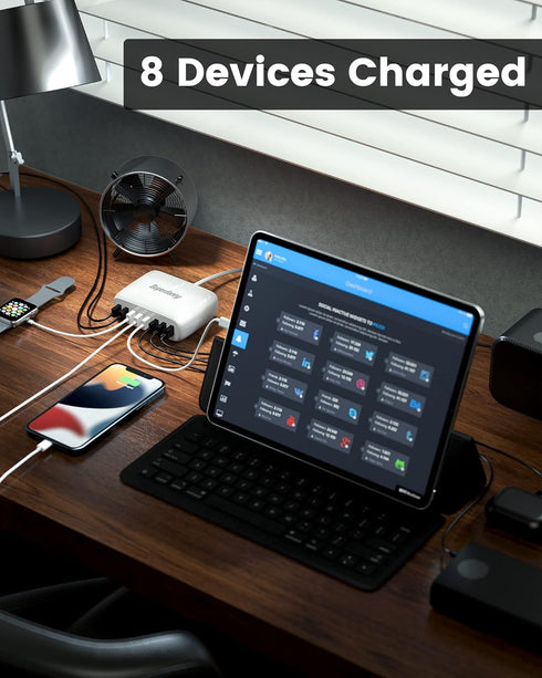 USB Charger Station, SUPERDANNY 8-Port Desktop Charging Station for Multiple Devices, Compatible with iPhone 11/X/Xs/Max/XR/SE/8/Plus, iPad Pro/Air/Mini, AirPods, Galaxy S10 Note, LG, and More, White