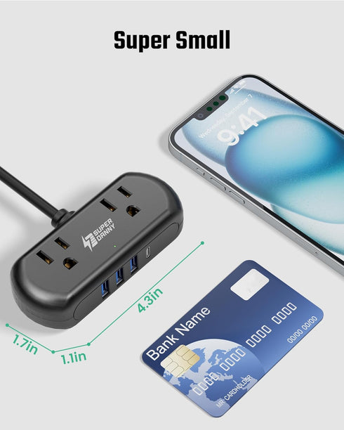 2Ft Extension Cord, SUPERDANNY Mini Surge Protector with 2 Wide-Spaced Outlets, USB Power Strip