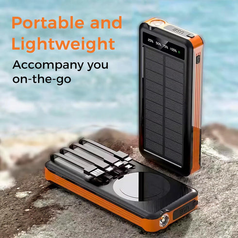 Outdoor Solar Portable Power Bank with Wireless Charging, 10000mAh Battery, IP65 Waterproof, LED Flashlight