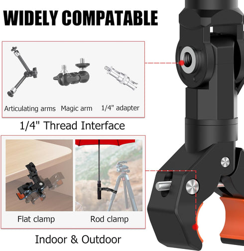 Double Clamp Mount Bracket Magic Arm with 1/4" Screw, Double Camera Clamp for Umbrella, Light Stand, Bike, Photography