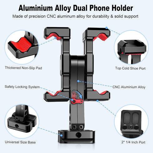 Manbily 360 180 Phone Tripod Mount, Metal Smartphone Mount Adapter with Dual Phone Holder, Swivel Flip Adjustable Clip