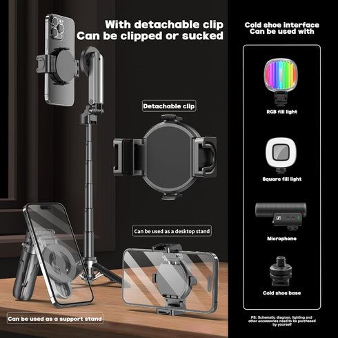 EUG-PRODUCTS 4-in-1 10m Magnetic Tripod for Phone with Remote Control, Extendable Selfie Stick Handle Grip Pocket Size