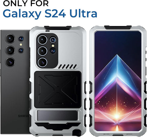 Heavy Duty Metal Aluminium Bumper Case for Samsung Galaxy S24 Ultra with Built-in Screen Protector, Military Grade
