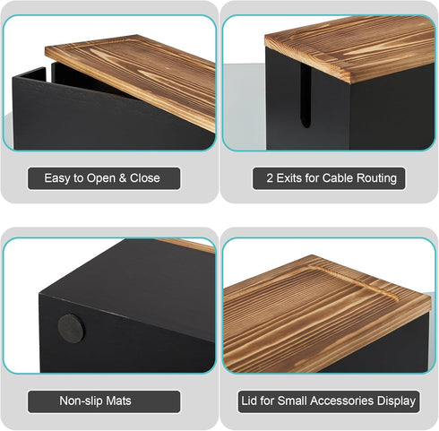 Large Cable Management Box, Wooden Cord Organizer for Under Desk, Hides Extension Cords, Power Stripes, Black