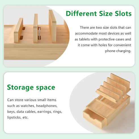 Bamboo Charging Station for Multiple Devices, Desk Organizer with Drawer & Tray, Wood Docking Station, 6 Cables