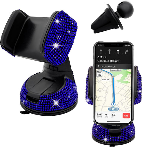 Bling Car Phone Holder, 360 Degree Adjustable Crystal Mount for Dashboard, Air Vent, Windshield (Royal Blue)