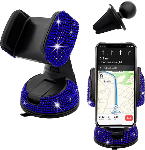 Bling Car Phone Holder, 360 Degree Adjustable Crystal Mount for Dashboard, Air Vent, Windshield (Royal Blue)