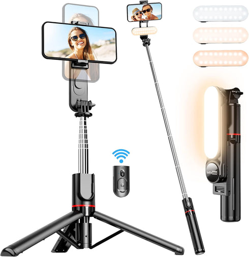 Stable Selfie Stick Tripod with Fill Light, 44 Inch Extendable Selfie Stick with Wireless Remote and Tripod Stand 360