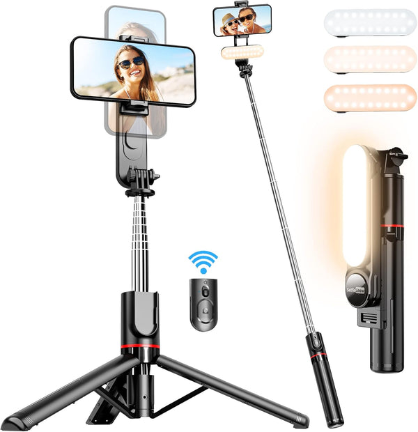 Stable Selfie Stick Tripod with Fill Light, 44 Inch Extendable Selfie Stick with Wireless Remote and Tripod Stand 360