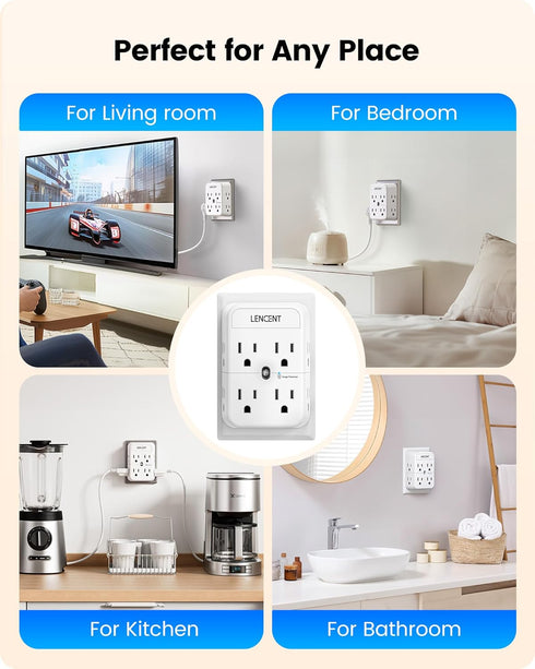 LENCENT 2 Prong Power Strip, 3 to 2 Prong Outlet Adapter, Surge Protector, Compact Wall Plug Splitter Tap for