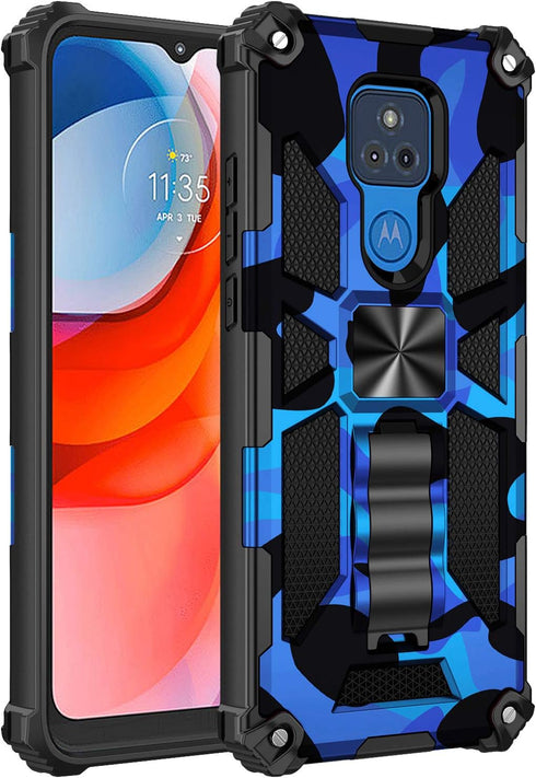 Military Grade Moto G Play Case 2021 - Drop Tested, Built-in Kickstand, Camouflage Deep Blue, Magnetic Car Mount