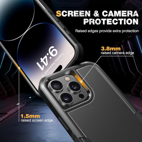 Diaclara iPhone 14 Pro Max Case - Heavy Duty Black, Military Grade Drop Protection, Anti-Spy Privacy Screen Protector.