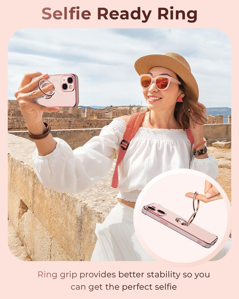 Bling Luxury Heart Case for iPhone 13 Mini - Pink, with Double Ring Kickstand, Protective Case for Women & Girls.