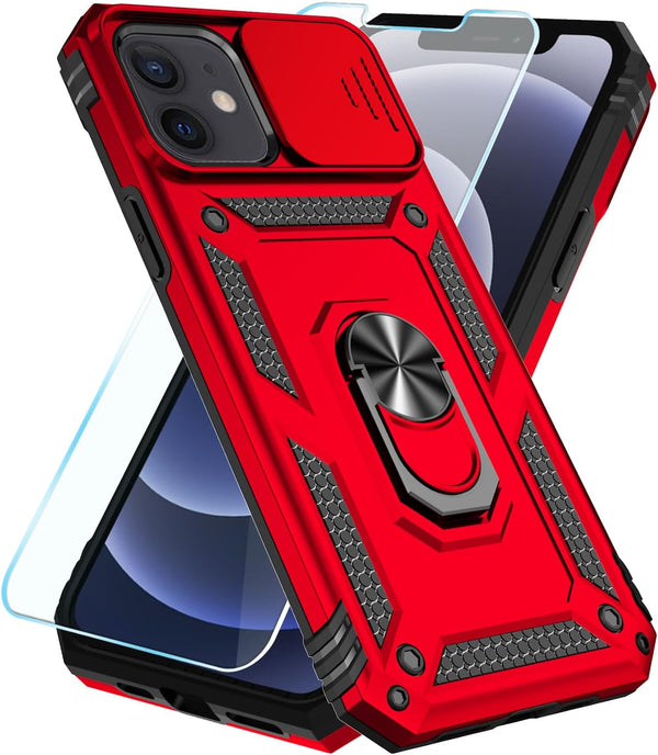 SunStory iPhone 12/iPhone 12 Pro Case with HD Screen Protector, Slide Camera Cover & Rotated Ring Kickstand, Red