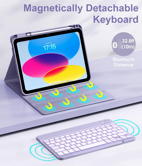 Hamile for iPad 10th Generation Case with Wireless Keyboard, 7 Colors Backlit Detachable Folio Cover - Lavender