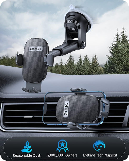OQTIQ 3-in-1 Car Phone Mount, Dashboard, Windshield & Air Vent Holder with Strong Suction Cup, Adjustable Arm