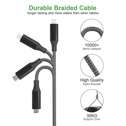 USB C to Multi 4 in 1 Long Charger Cable - Dual Lightning/Type C/Micro USB Connector, 2M/6Ft 6A PD Fast Long Charging