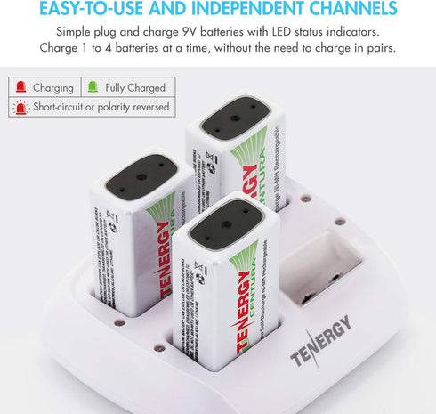 Tenergy TN136 9V 4-Bay 9 Smart Battery Charger for Rechargeable NiMH Volt Batteries