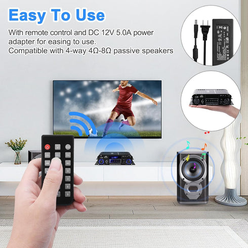 Stereo Audio Amplifier S-288 - 4.0CH Bluetooth 5.0 HiFi Mini Amplifier Receiver RMS 40Wx4, Max 600W, USB, FM, Adapter