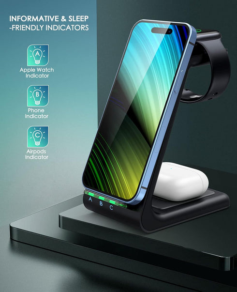 Wireless Charging Station, 3 in 1 Fast Desk Charger for iPhone 15/14/13/12/11 Pro Max, AirPods, iWatch Series