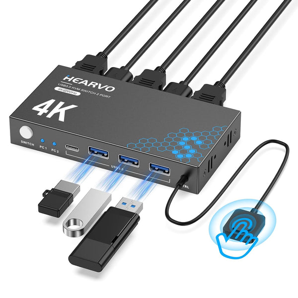 Hearvo USB 3.0 HDMI KVM Switch 1 Monitors 2 Computers, 4K@60Hz KVM
