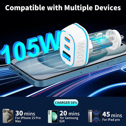 105W USB Car Charger 3-Port for Family Travel, PD 45W & QC3.0 30W Super Fast Charging for Multiple Devices