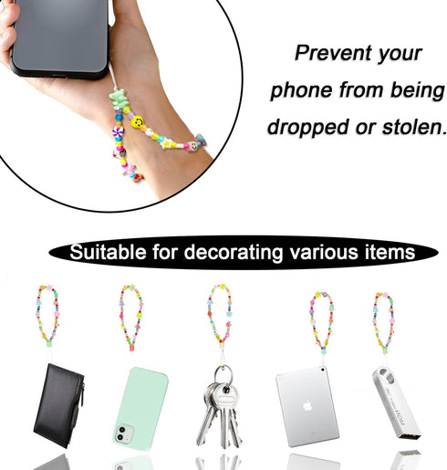 Colourful Phone Accessories Charm String Beads Lanyard, Anti-Lost Phone Chain with Smiley Face, Evil Eye, Flower,