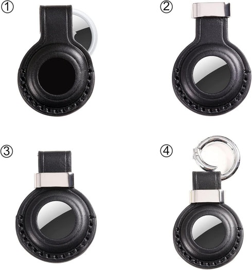 Genuine Leather Airtag Holder for Apple Airtag, Secure Keychain Holder with Stainless Steel Ring, Black V2.0