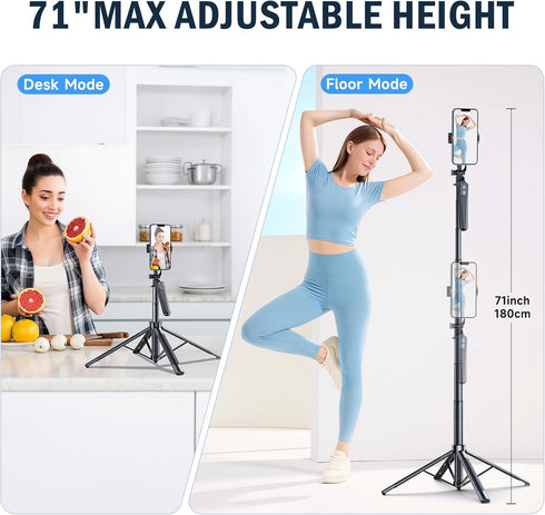 Hesheng Stick,71" iPhone,360Rotation Selfie Tripod for with Wireless Remote,Portable Aluminum Cellphone Stand,Vlog Live