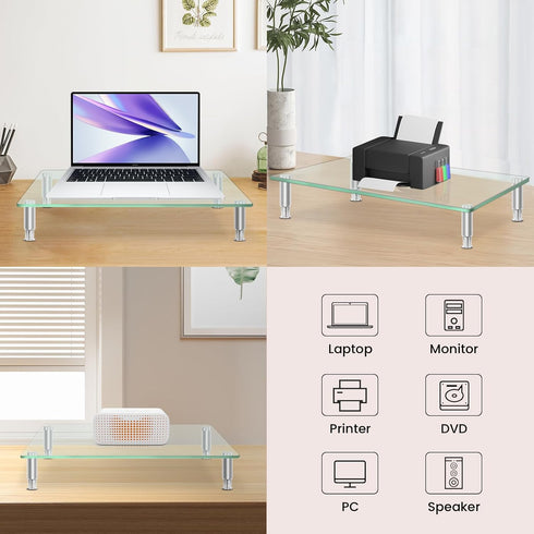 VSAR House 2Pcs, 15L x9.45W x3.75H Inches Tempered Glass Monitor Riser with Height Adjustable, Clear Computer Monitor