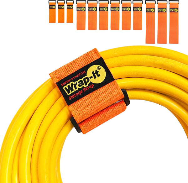 Super-Stretch Wrap-It Storage Straps - Assorted 12-Pack Orange Elastic Hook and Loop Cinch Straps