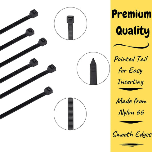 Bates 200 Pack Black 4 Inch Cable Zip Ties - Electrical Tie Wraps, Cord Ties