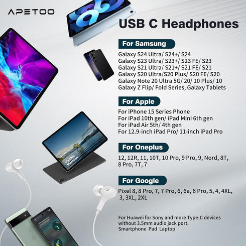 USB C Headphones, Magnetic Wired Earbuds with Microphone, Noise Isolation for Samsung S24 S23 FE iPhone 15, Pixel 7 6 5