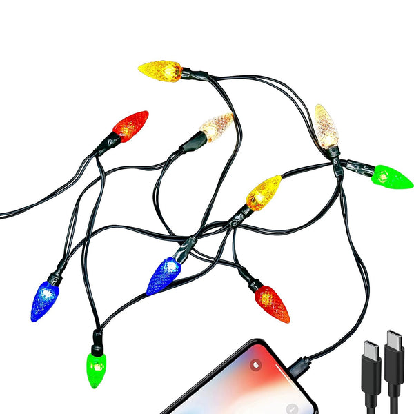 2 Pcs Christmas Lights Phone Charging Cable, Type-C to Type-C Charger Cord, 4.5 FT/10 LED USB-C Festive Bulb Cables