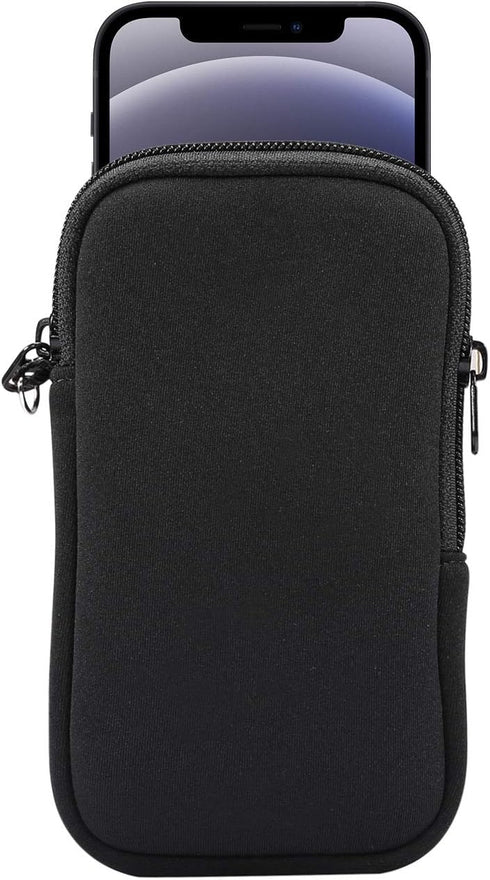 Neoprene Small Cell Phone Sleeve, Zip Wallet Pouch with Neck Strap for iPhone 16, 15, 14 Pro, 13, 12 Pro, 11 Pro (Black)
