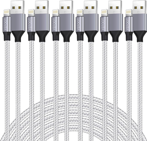Apple MFi Certified 6-Pack Lightning Cables (3/3/6/6/6/10FT) for iPhone 14 Pro/13/12/11 - Fast Charging, Silver & White.