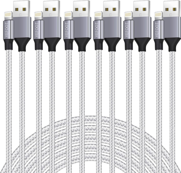 Apple MFi Certified 6-Pack Lightning Cables (3/3/6/6/6/10FT) for iPhone 14 Pro/13/12/11 - Fast Charging, Silver & White.