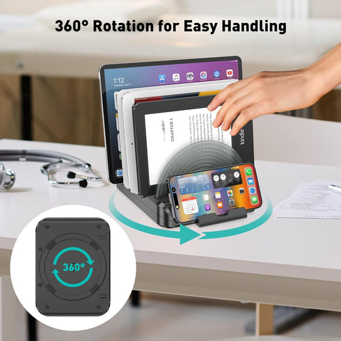 Vertical Laptop Stand for Desk, Adjustable Multi-Device Organizer with 6 Dividers, Removable Phone Stand, Black