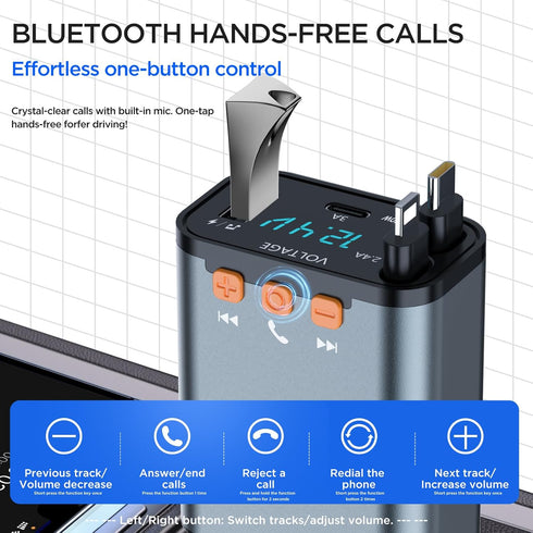QUVFHE Charger,5 1 5.3 MP3 Player,2 Retractable Car in PD Car Phone Charger with Bluetooth FM Transmitter,Handsfree