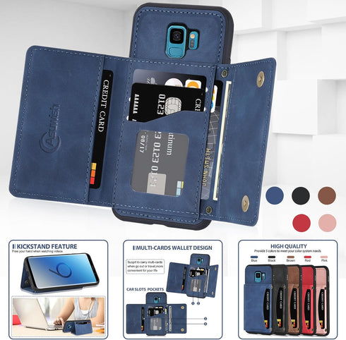 Asuwish Samsung Galaxy S9 Wallet Case with Tempered Glass, PU Leather, Credit Card Holder, Rugged Stand, Blue.