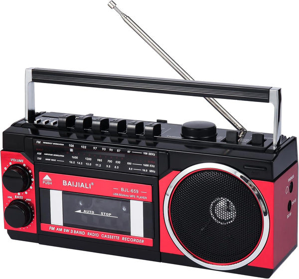 BAIJIALI Portable Cassette Player with AM/FM/SW Radio & BT, Boombox for Home and