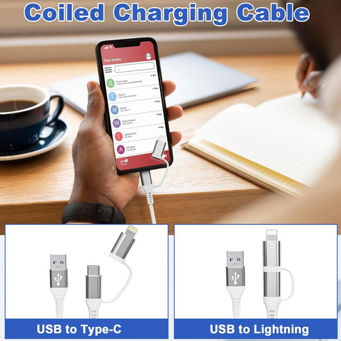 USB C and Lightning Charging Cable 2 in 1, Coiled Fast Charging Cord for Carplay & Android Auto, Multiple Combo