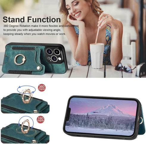 JanCalm iPhone 13 Pro Leather Flip Case, Card Holder, RFID-Blocking, Magnetic, Ring Holder in Green